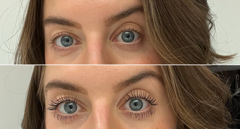 split screen close up of woman with brown hair and blue eyes with mascara and no mascara, Benefit Cosmetics Fan Fest Fanning & Volumizing Mascara review 