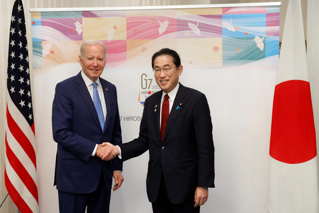 US President Joe Biden and Fumio Kishida, Japan's prime minister, shake hands prior to a bilateral meeting ahead of the Group of Seven (G-7) leaders summit in Hiroshima, Japan, on Thursday, May 18, 2023. Kiyoshi Ota/Pool via REUTERS