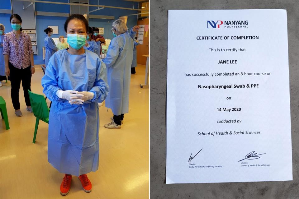 Jane Lee in protective gear during her training session and a certificate of her training course. (Photos courtesy of Jane Lee)