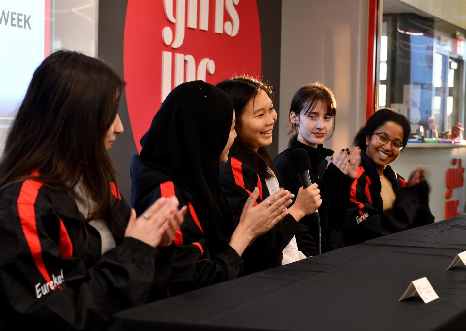 Maria-Victoria Morgira, left, Sveeda Fatima Adnan, Ahn Tran, Tatum Derry and Alia Haytham answer questions during a Women in Construction Week STEM cohort last week at Girls Inc. in Worcester.