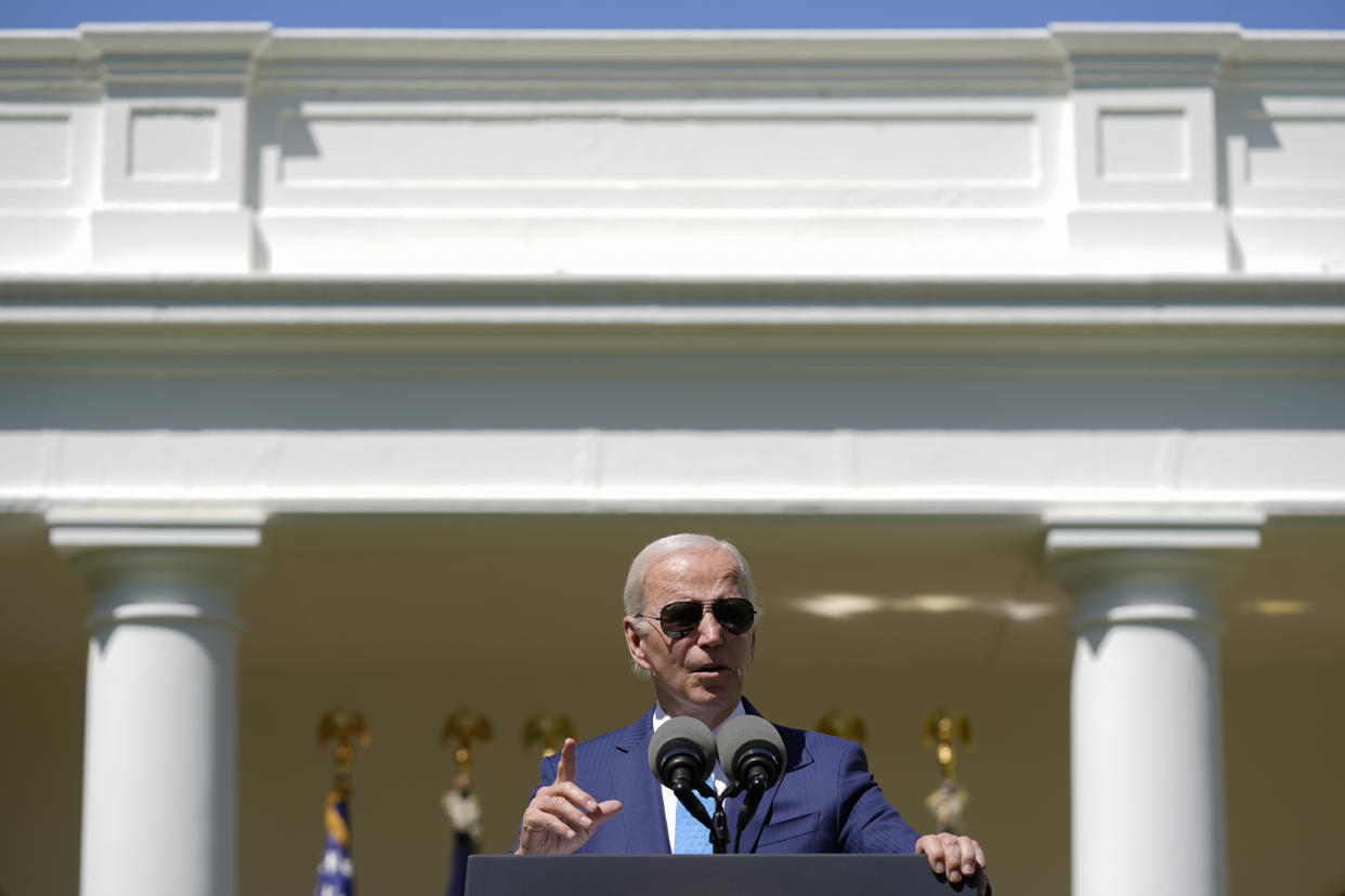 President Joe Biden speaks in the Rose Garden of the White House in Washington, Tuesday, April 18, 2023, about efforts to increase access to child care and improve the work life of caregivers. (AP Photo/Patrick Semansky)