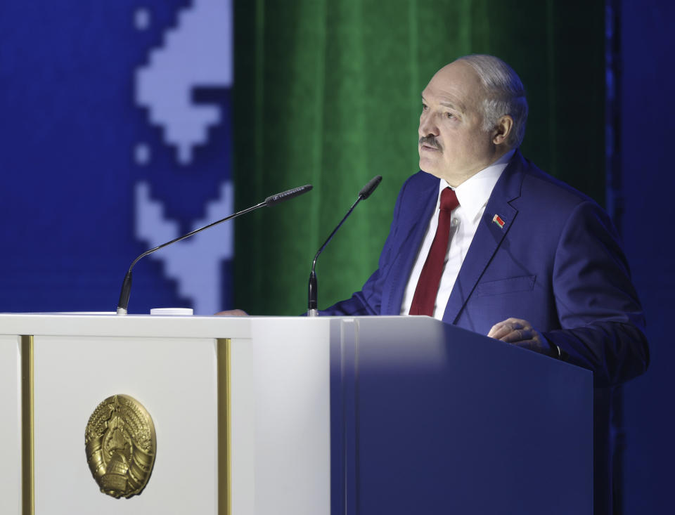 Belarus President Alexander Lukashenko delivers his speech during a state-of-the-nation address in Minsk, Belarus, Friday, Jan. 28, 2022. (Pavel Orlovsky/BelTA Pool Photo via AP)