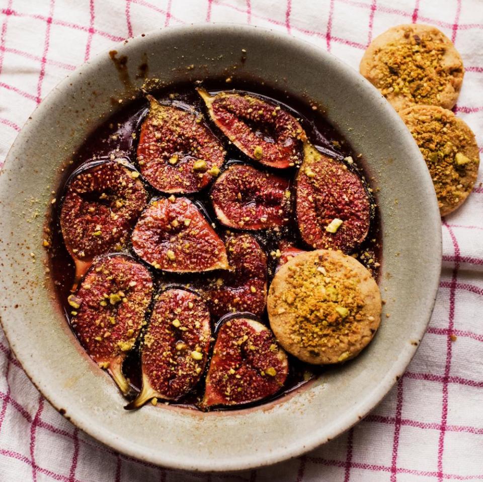 Nigel Slater’s figs with pistachio biscuits.