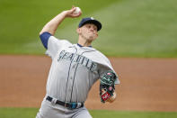 Seattle Mariners' Chris Flexen throws to the Minnesota Twins in the first inning of a baseball game Sunday, April 11, 2021, in Minneapolis. (AP Photo/Bruce Kluckhohn)