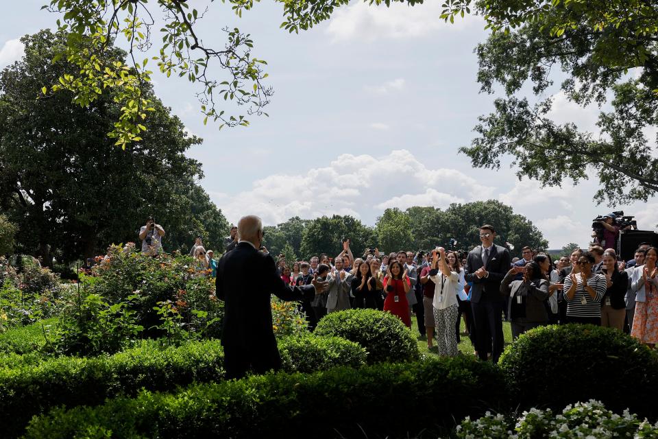During remarks to White House staff, the president compared former President Donald Trump's vastly different COVID-19 experience – who was taken to Walter Reed Medical Center via helicopter – with his own.