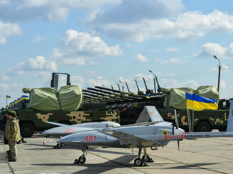 Bayraktar TB2 UAVs is seen during the test flight at the military base located in Hmelnitski, Ukraine on March 20, 2019.