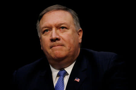 FILE PHOTO: Central Intelligence Agency (CIA) Director Mike Pompeo testifies during a Senate Intelligence Committee hearing on "Worldwide Threats" on Capitol Hill in Washington, DC, U.S., February 13, 2018. REUTERS/Leah Millis/File Photo