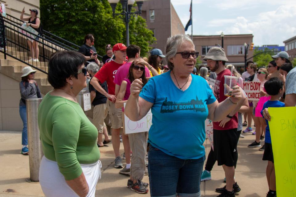 Outside of the Tippecanoe County Courthouse, Mary Finnegan, a retiree, praises her fellow demonstrators for coming out in support of women's rights as part of the nationwide 'Bans Off Our Bodies' protest against the potential Supreme Court decision that would overturn Roe v. Wade, on May 14, 2022, in Lafayette.