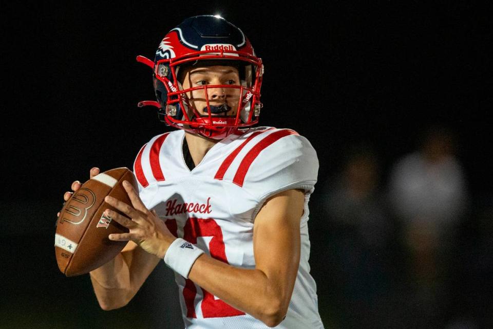 Hancock quarterback Dylan Moran prepares to throw a pass during a game at West Harrison High School in Harrison County on Friday, Oct. 6, 2023.