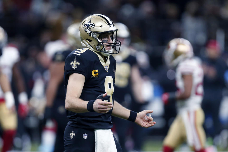 New Orleans Saints quarterback Drew Brees (9) reacts after a fumble by Alvin Kamara in the first half an NFL football game against the San Francisco 49ers in New Orleans, Sunday, Dec. 8, 2019. (AP Photo/Butch Dill)