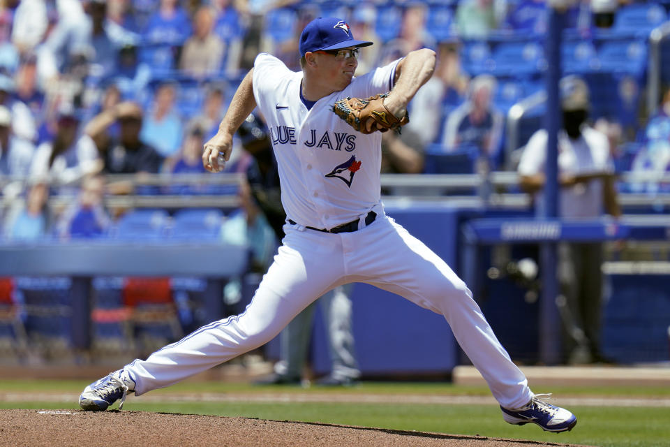 Toronto Blue Jays starting pitcher Trent Thornton delivers to the Tampa Bay Rays during the first inning of a baseball game Monday, May 24, 2021, in Dunedin, Fla. (AP Photo/Chris O'Meara)