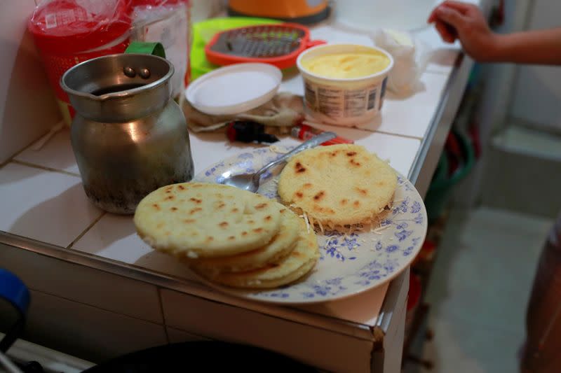 A traditional Venezuelan breakfast made by Diego Alvarez and his girlfriend Jetsymar Torres from Venezuela is pictured at their house in Bogota