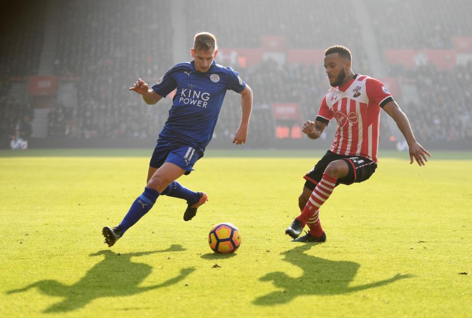 <p>Marc Albrighton takes on Ryan Bertrand </p>