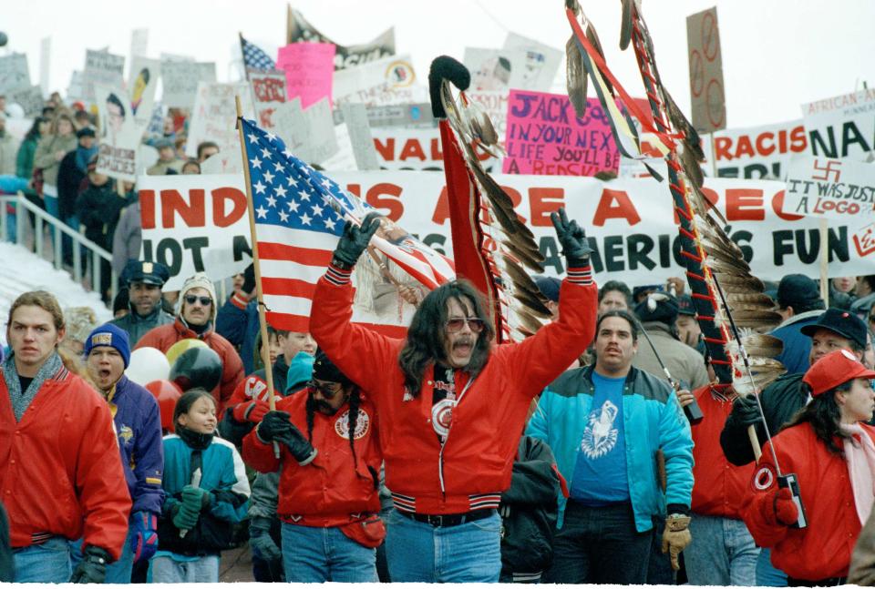 American Indians protest outside the Metrodome in Minneapolis in 1992 before the start of Super Bowl XXVI between Washington and Buffalo. Native Americans groups opposed Washington's use of the 