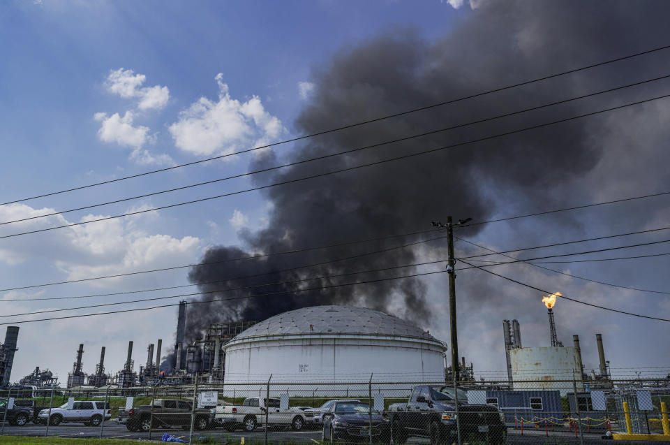 A fire burns at a Shell chemical facility in Deer Park, Friday, May 5, 2023, east of Houston. A chemical plant in the Houston area has caught fire, sending a huge plume of smoke into the sky. The Harris County Sheriff’s Office said Friday the fire was at a Shell USA Inc. facility in Deer Park, a suburb east of Houston. (Raquel Natalicchio/Houston Chronicle via AP)