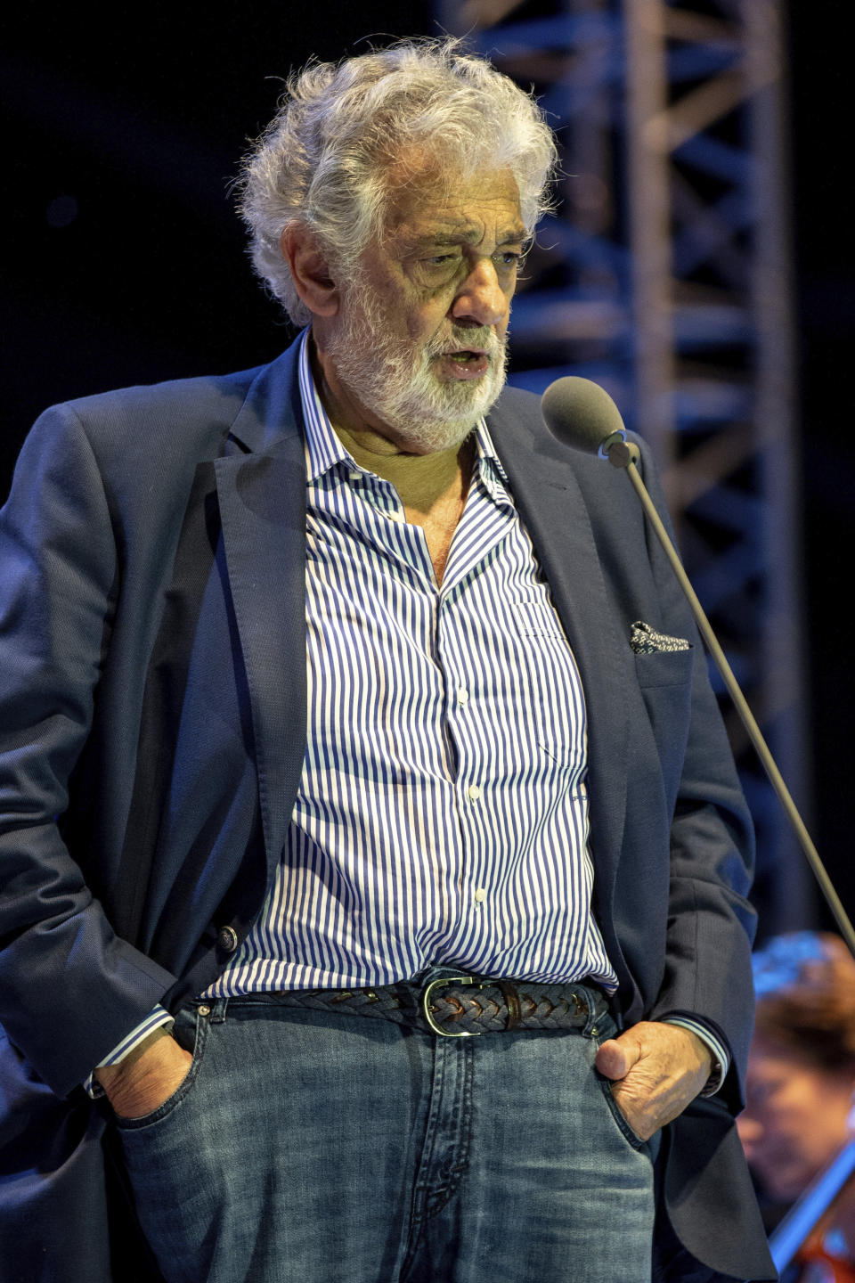 Spanish tenor Placido Domingo watches during the rehearsal of the opening gala of the Gerard Of Sagredo Youth Forum and Sports Center in Szeged, Hungary, Tuesday, August 27, 2019, a day prior to the event. (Tibor Rosta/MTI via AP)