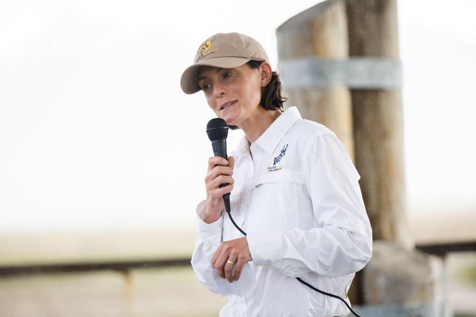 Janice Gardner, a conservation ecologist with the Sageland Collaborative, speaks about the completion of the Freeport Drain project at the Great Salt Lake Shorelands Preserve in Layton on Wednesday, May 17, 2023. | Ryan Sun, Deseret News