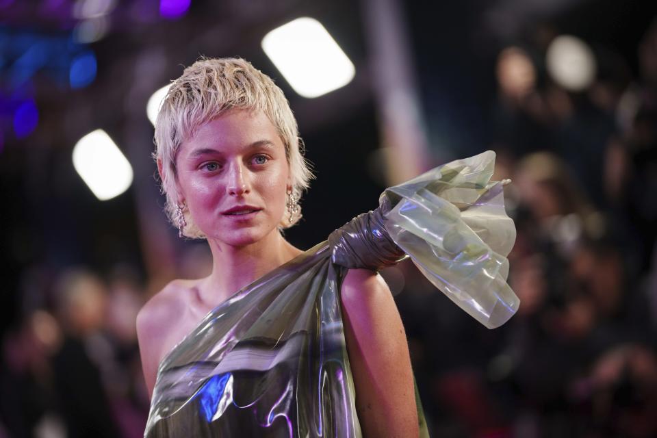 Emma Corrin poses for photographers upon arrival for the premiere of 'My Policeman' at the 2022 London Film Festival in London, Saturday, Oct. 15, 2022. (Photo by Scott Garfitt/Invision/AP)