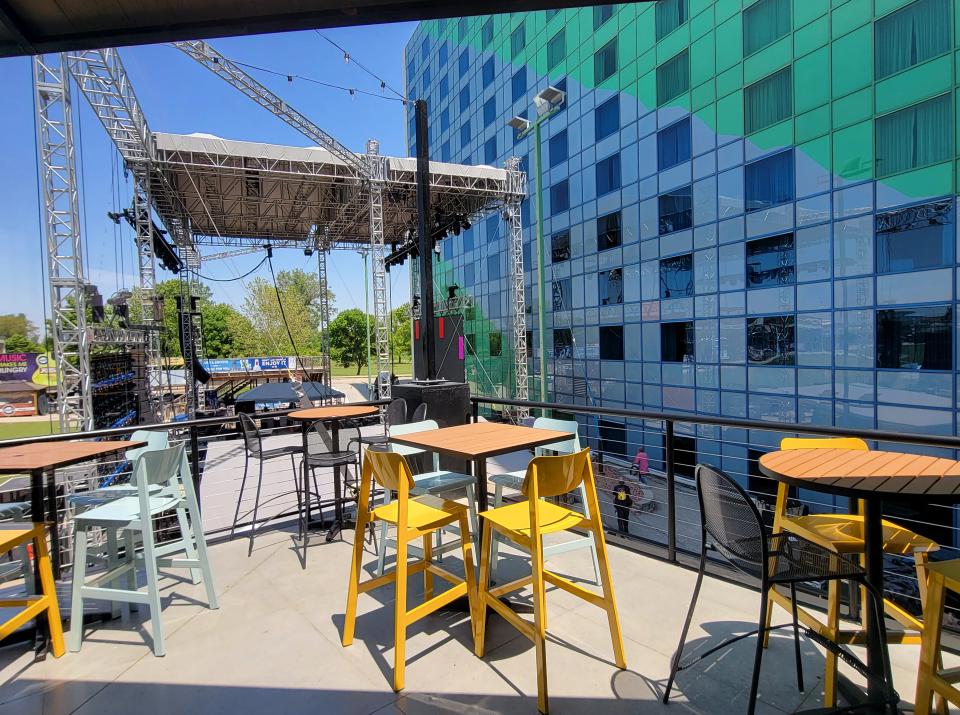 The patio at Guy Fieri's Kitchen + Bar in Council Bluffs overlooks the Harrah's casino concert venue.