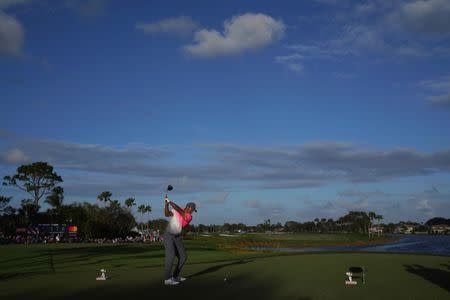 Feb 23, 2018; Palm Beach Gardens, FL, USA; Tiger Woods tees off on the 18th during the second round of The Honda Classic golf tournament at PGA National (Champion). Mandatory Credit: Jasen Vinlove-USA TODAY Sports