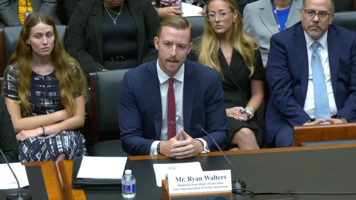In this screenshot, state schools Superintendent Ryan Walters speaks at a congressional subcommittee on education in Washington, D.C.