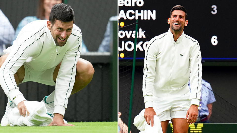 Pictured left, Novak Djokovic is reduced to trying to help dry the Wimbledon Centre Court with a towel.