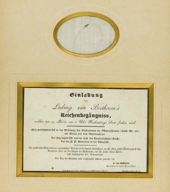 Beethoven's gray hairs will be sold alongside this invitation to the great composer's funeral.