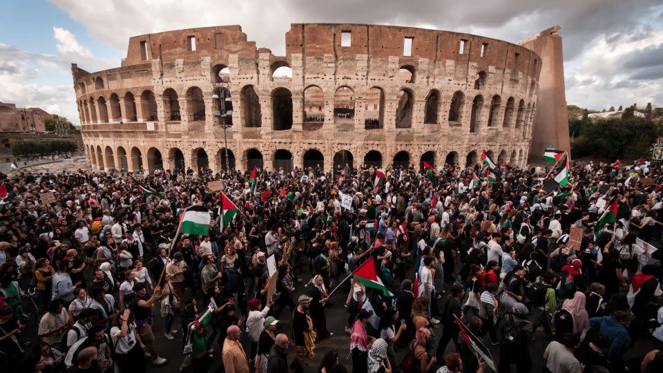 People take part in the national demonstration in Rome, Italy, on Saturday in support of the Palestinian population and against the bombings in Gaza, as the conflict between Israel and the Hamas group continues, causing thousands of civilian casualties. - Andrea Ronchini/NurPhoto/Getty Images