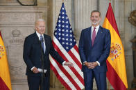 Spain's King Felipe VI listens as President Joe Biden speaks at the Royal Palace of Madrid in Madrid, Tuesday, June 28, 2022. (AP Photo/Susan Walsh)