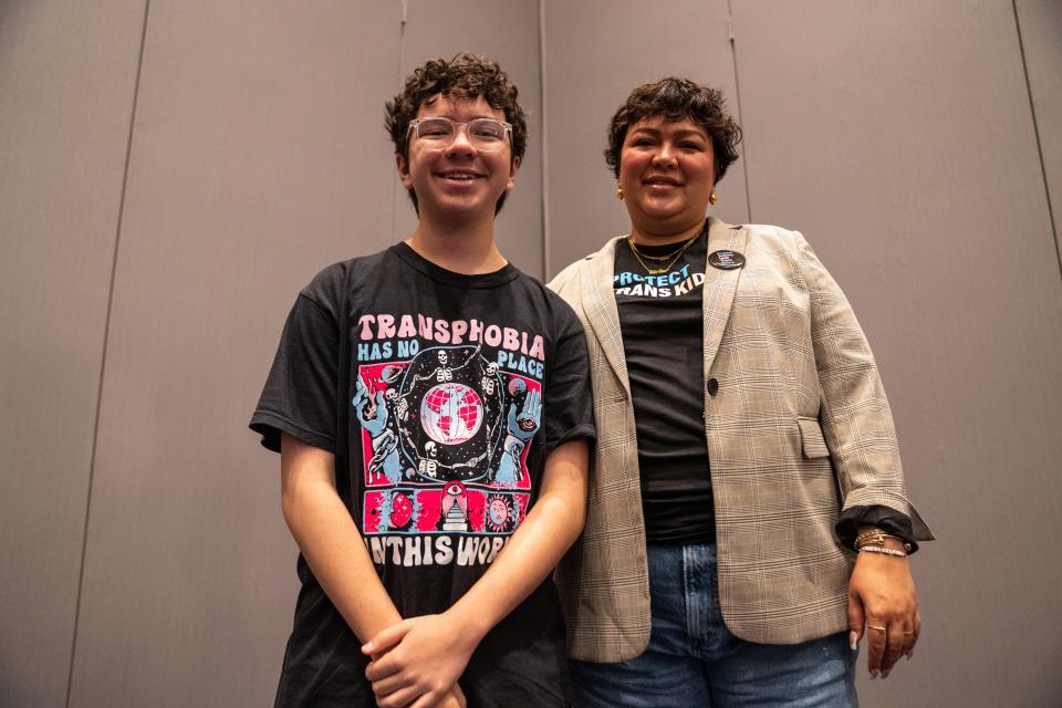 Daniel Trujillo, 16 (left), and his mother Lizette Trujillo (right), pose for a portrait at the Let's Get Better Together Conference at Harrah's Ak-Chin Casino and Resort in Maricopa on Oct. 18, 2023.