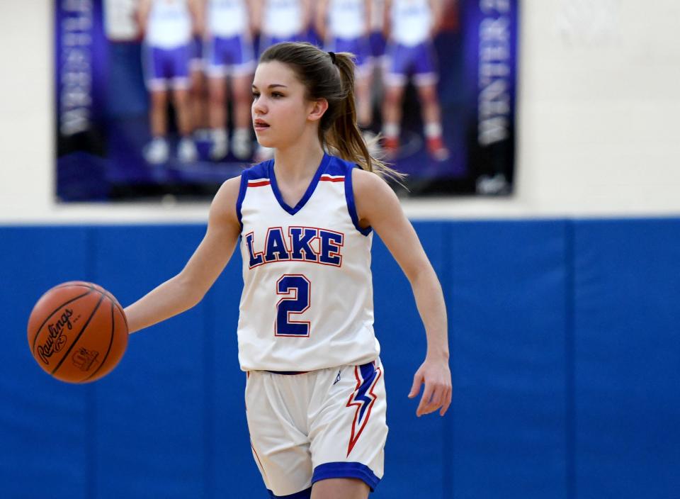 Lake's Emma Anderson in the first half of Louisville at Lake Girl's Basketball.    Saturday, February 04, 2023.