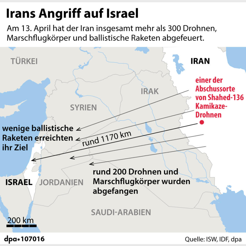 Karte zum Angriff Irans auf Israel (Grafik: dpa/A. Brühl, Redaktion: J. Schneider)