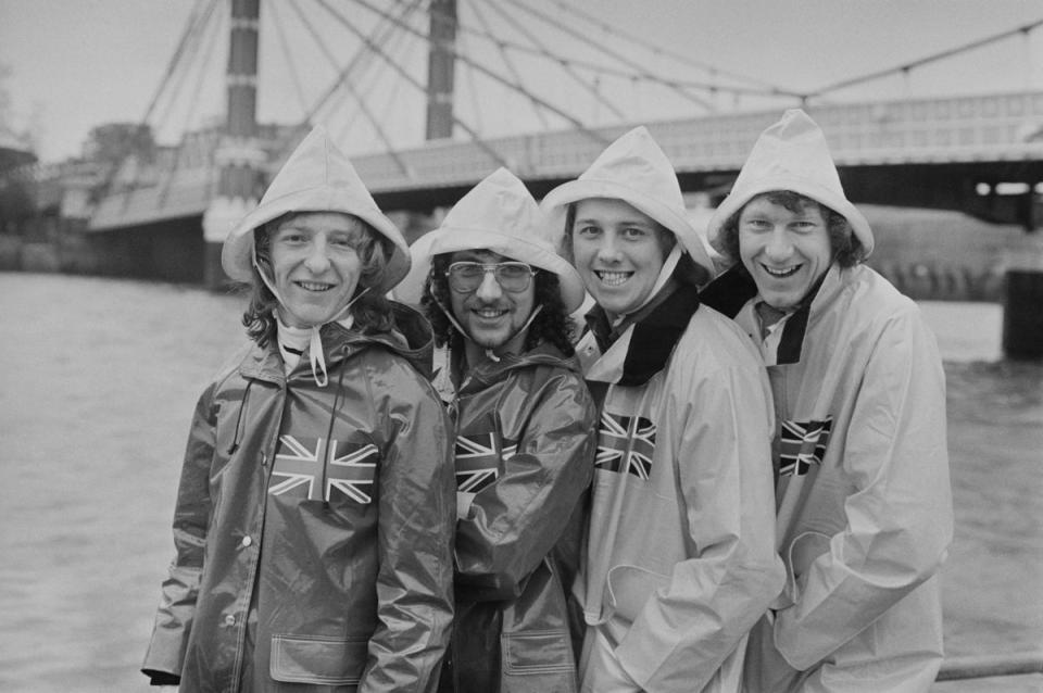 Black Lace pose near the River Thames in London for a promotional photo shoot ahead of the Eurovision Song Contest, 1979 (Getty Images)