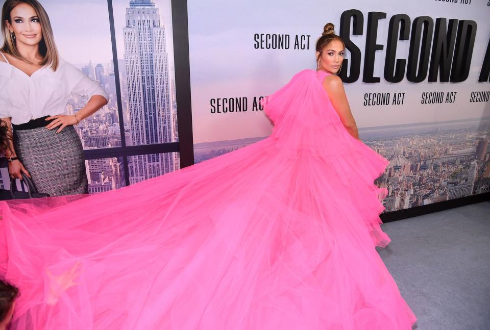 <p>At the premiere of <em>Second Act</em>, Lopez shut down the red carpet in a giant, pink pouf dress. </p>