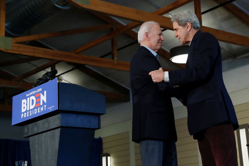 Democratic 2020 U.S. presidential candidate and former U.S. VP Biden and former Democratic presidential nominee Kerry attend campaign event in Cedar Rapids, Iowa