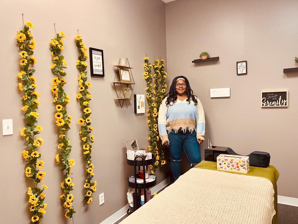 Tiearra Galbreath in her warm and inviting room at URZ Professional spa on Nov. 3, 2021.