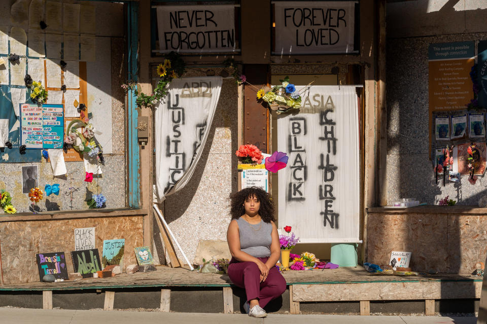 Image: Indira Sheumaker outside of the old North Des Moines City Hall in Des Moines, Iowa, on April 29, 2021. (Rachel Mummey / for NBC News)