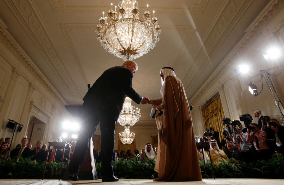 President Trump, left, shakes hands with Emir of Kuwait Sabah Al-Ahmad Al-Sabah during a joint news conference at the White House on Sept. 7, 2017. (Reuters/Kevin Lamarque)