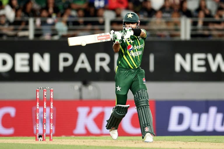 Babar Azam plays a shot for Pakistan at Eden Park in Auckland in January (DAVID ROWLAND)