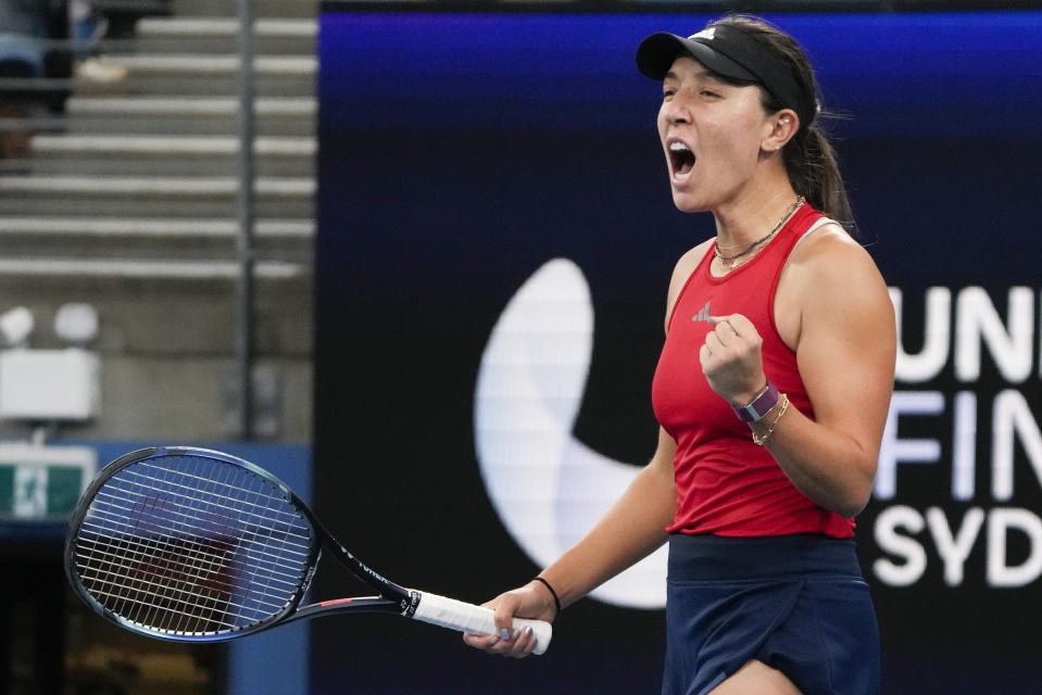 United States' Jessica Pegula celebrates after defeating Italy's Martina Trevisan during the final of the United Cup tennis event in Sydney, Australia, Sunday, Jan. 8, 2023. (AP Photo/Mark Baker)