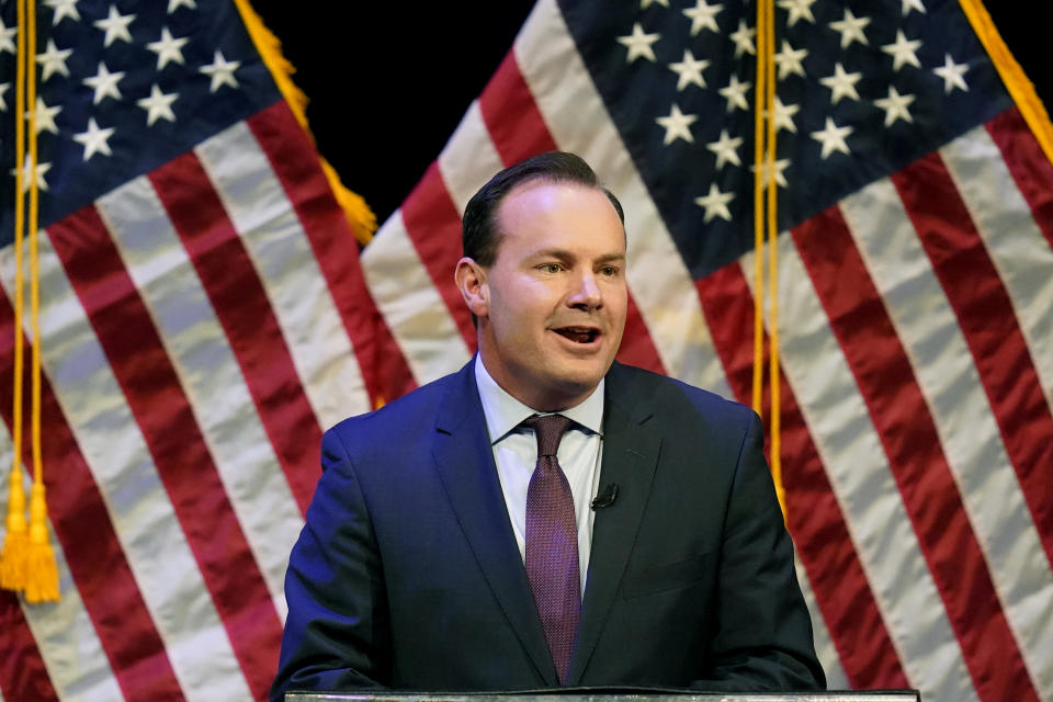FILE - Incumbent U.S. Sen. Mike Lee speaks during a debate June 1, 2022, in Draper, Utah. Lee faces former state lawmaker Becky Edwards and political operative Ally Isom in the GOP primary on Tuesday, June 28. (AP Photo/Rick Bowmer, File)