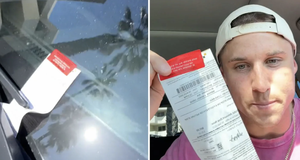 An Australian driver holding up a Wilson parking ticket