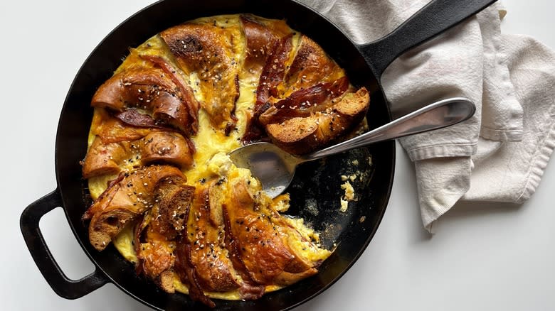 breakfast bagel casserole in skillet