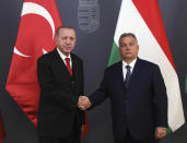 Hungarian Prime Minister Viktor Orban, right, and Turkish President Recep Tayyip Erdogan shake hands before a meeting, in Budapest, Hungary, Thursday, Nov. 7, 2019. Erdogan is on a one-day state visit to Hungary. (Presidential Press Service via AP, Pool)