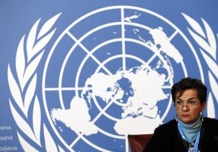 Christiana Figueres, Executive Secretary of the United Nations Framework Convention on Climate Change (UNFCCC), listens during a news conference after a week long preparatory meeting at the U.N. in Geneva February 13, 2015. REUTERS/Denis Balibouse