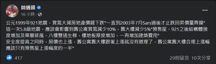 房地產達人帥過頭斷言，花東房市1年內買氣大減3成、價格下跌1成。（圖／翻攝帥過頭臉書）