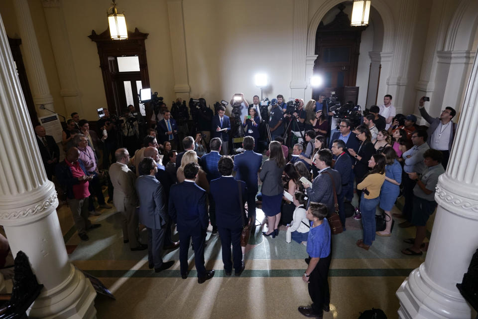 Defense attorney Tony Buzbee, attorney Dan Cogdell, and their team talk to the media after Texas Attorney General Ken Paxton was acquitted in his impeachment at the Texas Capitol, Saturday, Sept. 16, 2023, in Austin, Texas. (AP Photo/Eric Gay)