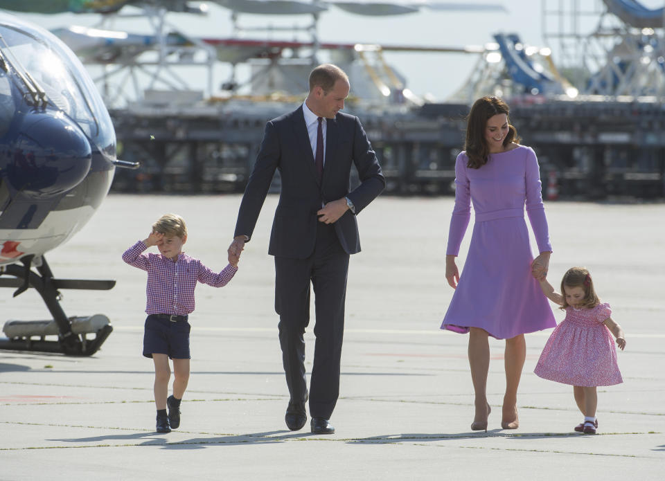 Prince William, Prince George, Princess Charlotte and Princess Kate, pictured July 21, 2017 departing from Hamburg airport in Germany, the royal couple were urged not to have a third child.