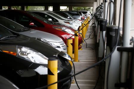 Electric cars sit charging in a parking garage at the University of California, Irvine January 26, 2015. REUTERS/Lucy Nicholson/File Photo