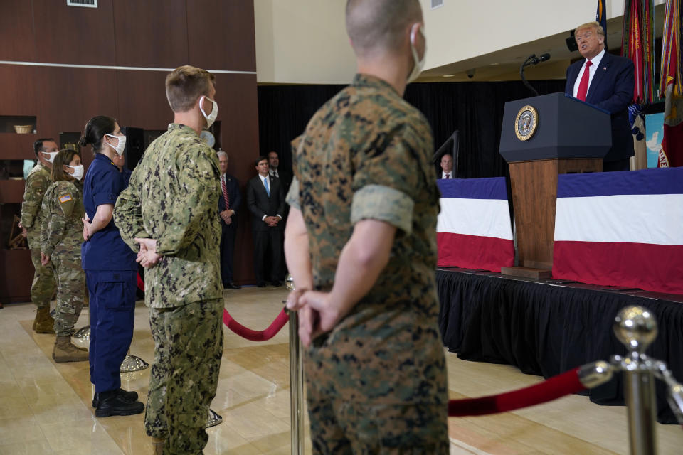 President Donald Trump speaks about the counternarcotics operations at U.S. Southern Command, Friday, July 10, 2020, in Doral, Fla. (AP Photo/Evan Vucci)